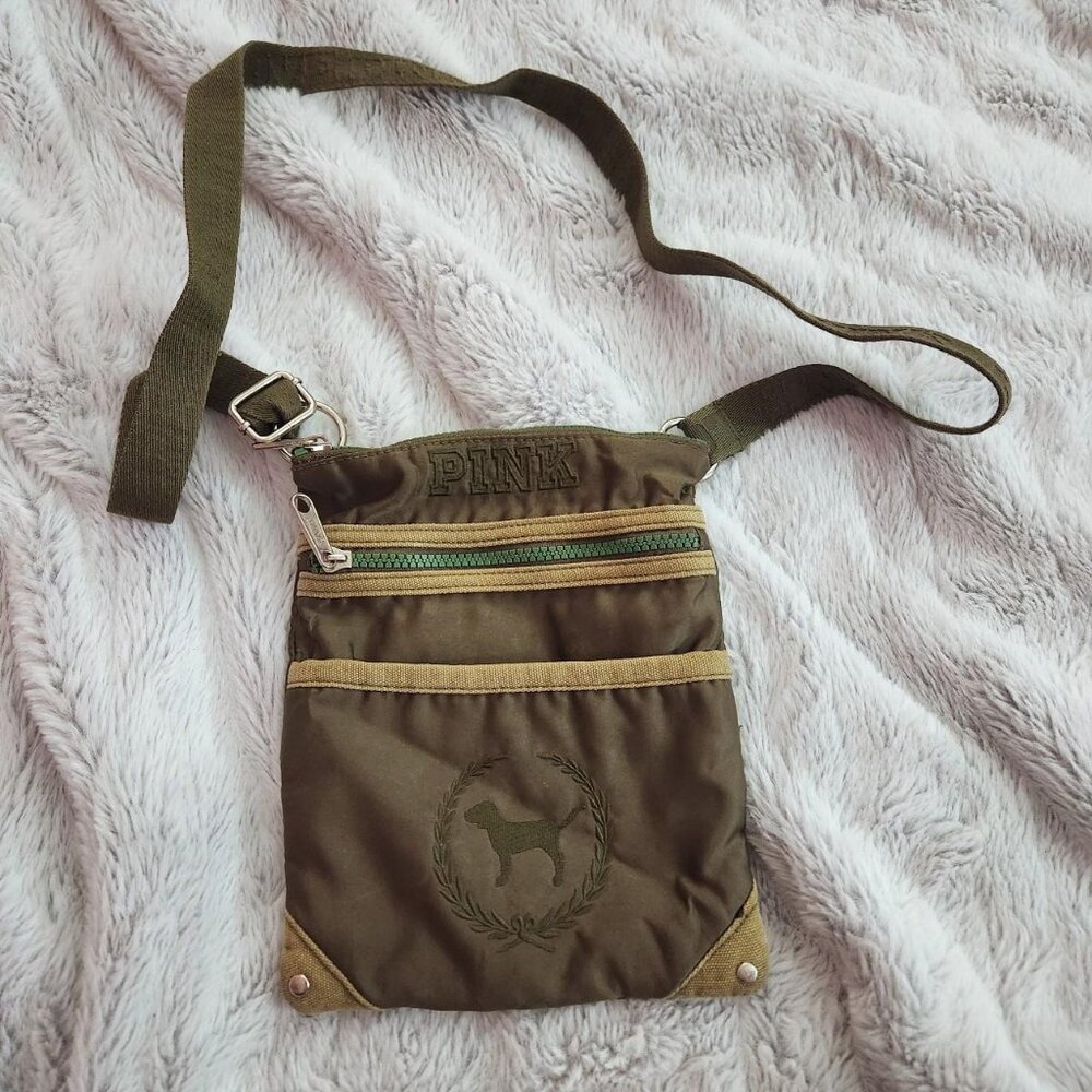 2009 Victoria's Secret Army Green PINK Crossbody Bag Dog Logo Love PINK